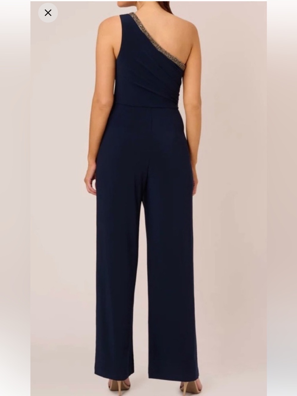 Adrianna Papell Navy One-Shoulder Wide-Leg Jumpsuit with Beaded Trim - Picture 3 of 3